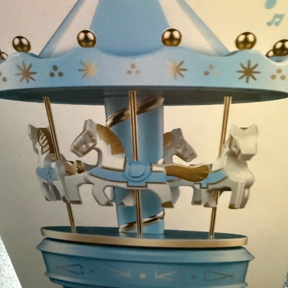 Blue Carousel Music Box Horses Merry Go Round LED lights Birthday Gift NEW